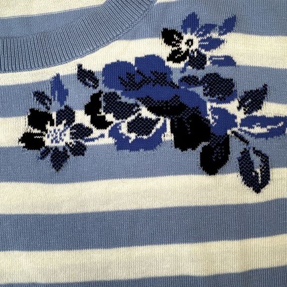 Talbots Blue and White Striped Crewneck Sweater with Blue Floral Jacquard - Picture 3 of 5